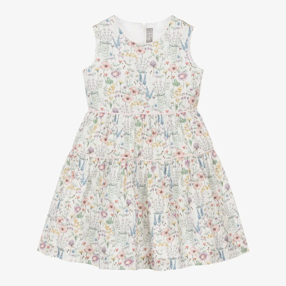 Girls White Organic Cotton Floral Dress