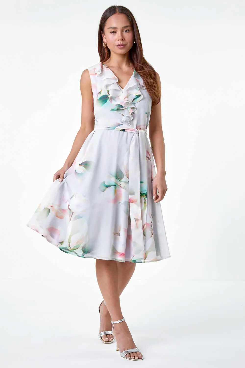 Grey Petite Frill Detail Floral Dress | Roman UK