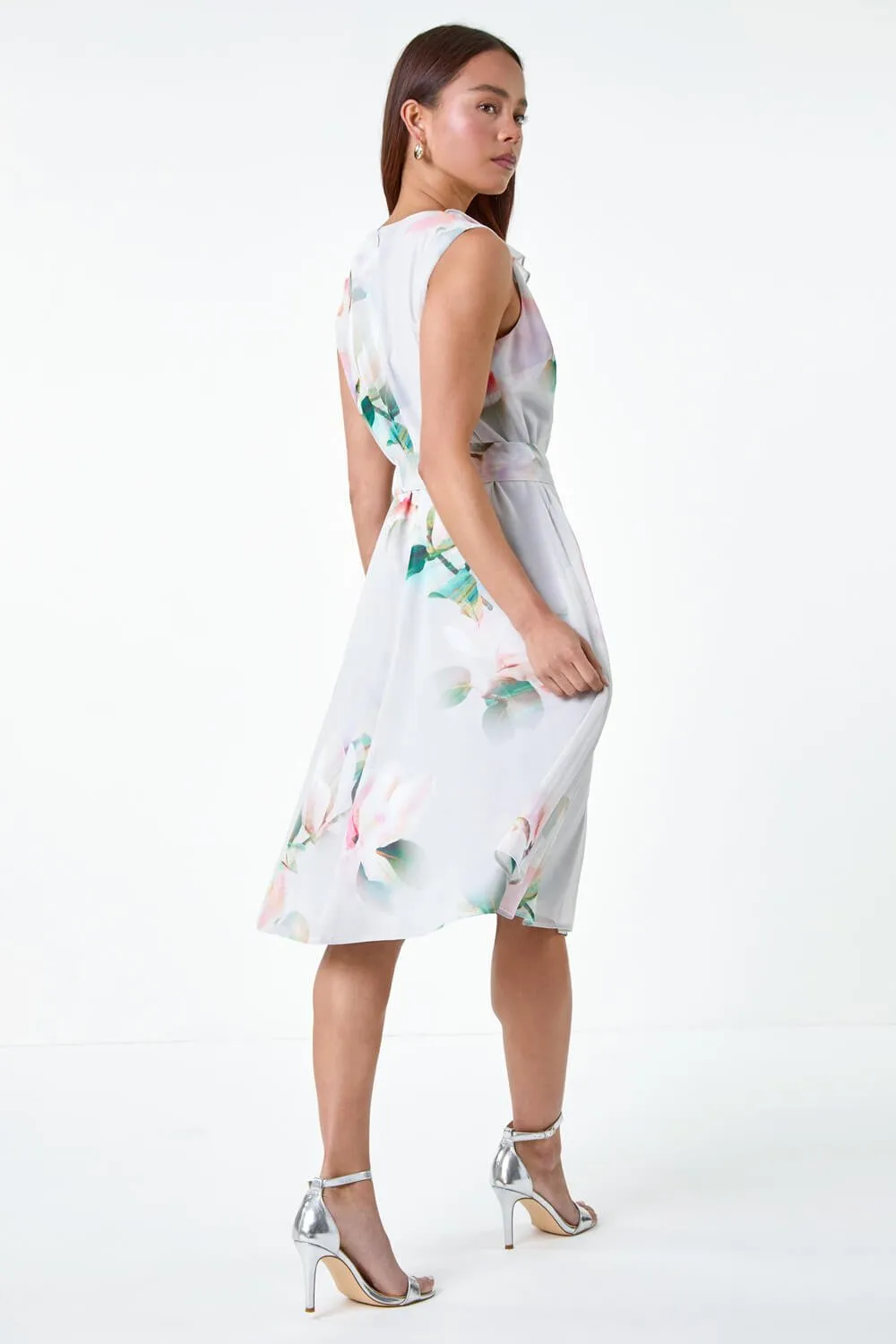 Grey Petite Frill Detail Floral Dress | Roman UK