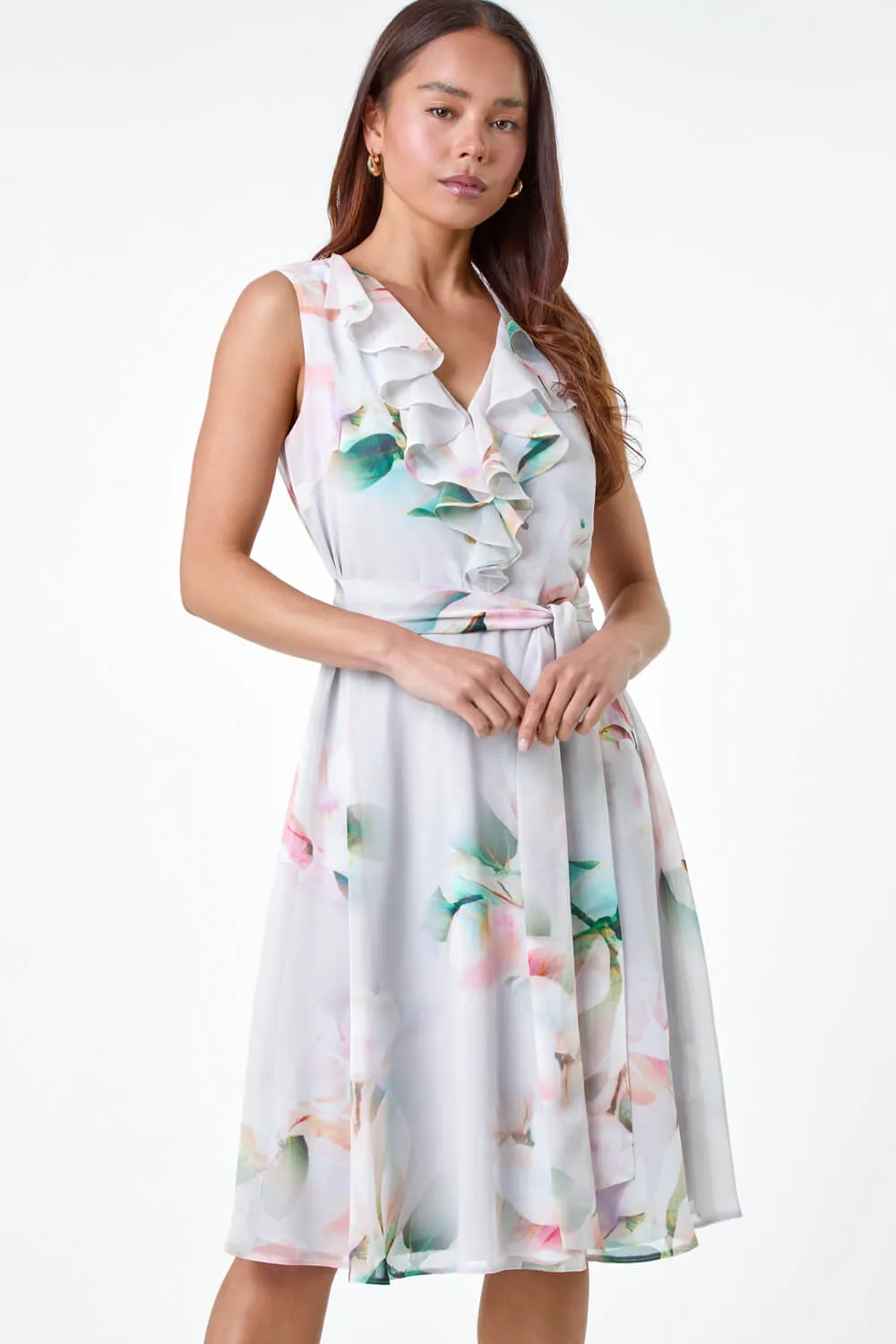 Grey Petite Frill Detail Floral Dress | Roman UK