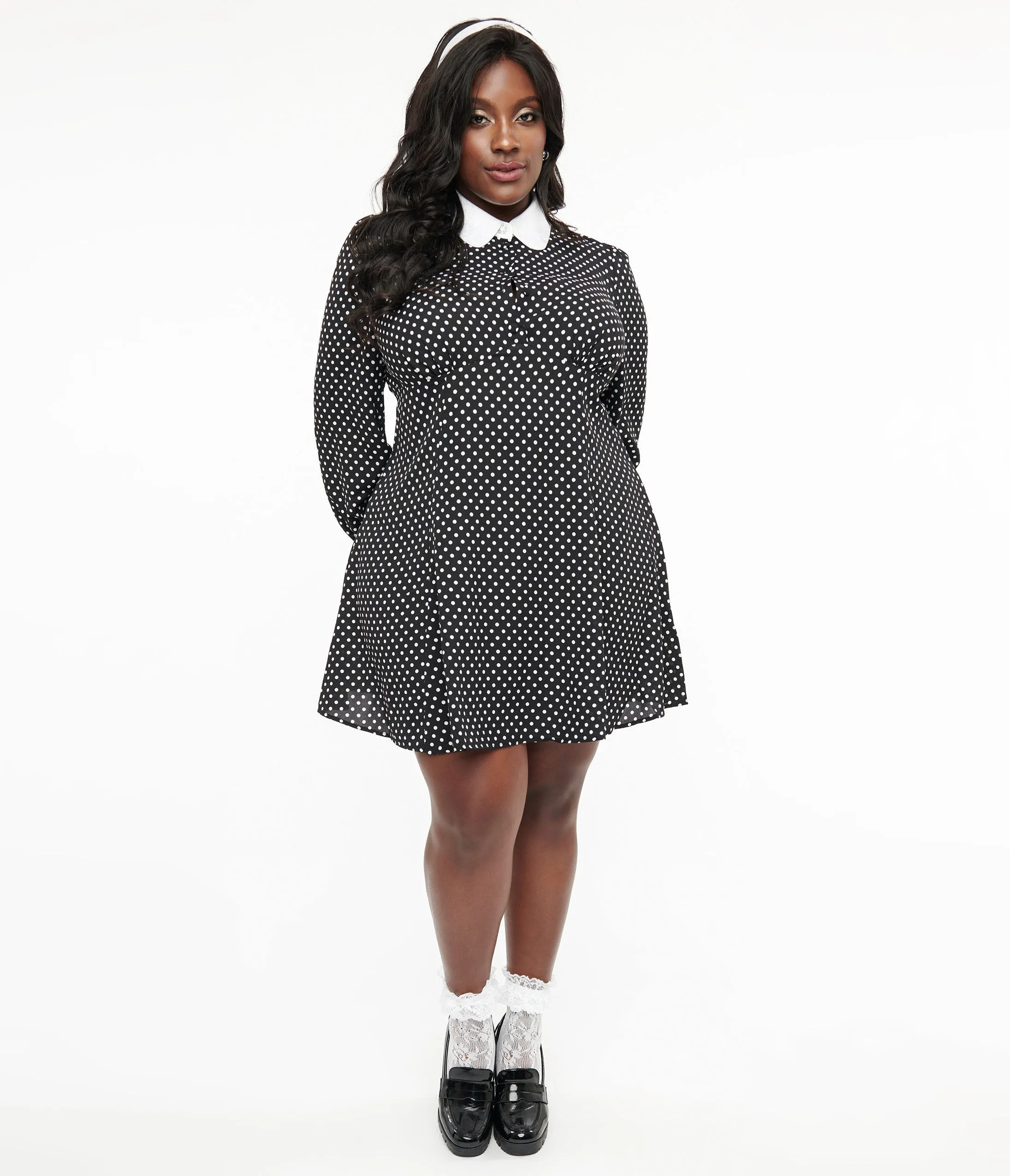 Hell Bunny Plus Size 1960s Black & White Polka Dot Naomi Mini Dress