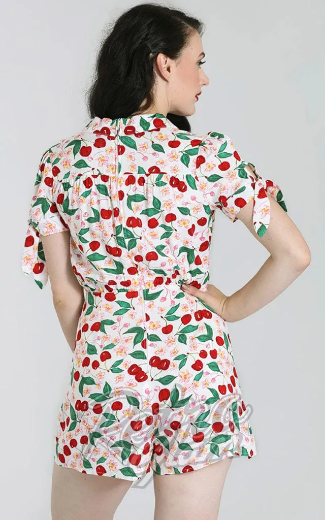 Hell Bunny Simona Playsuit in White Cherry Print