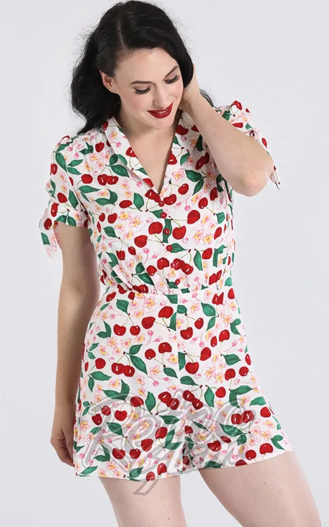 Hell Bunny Simona Playsuit in White Cherry Print