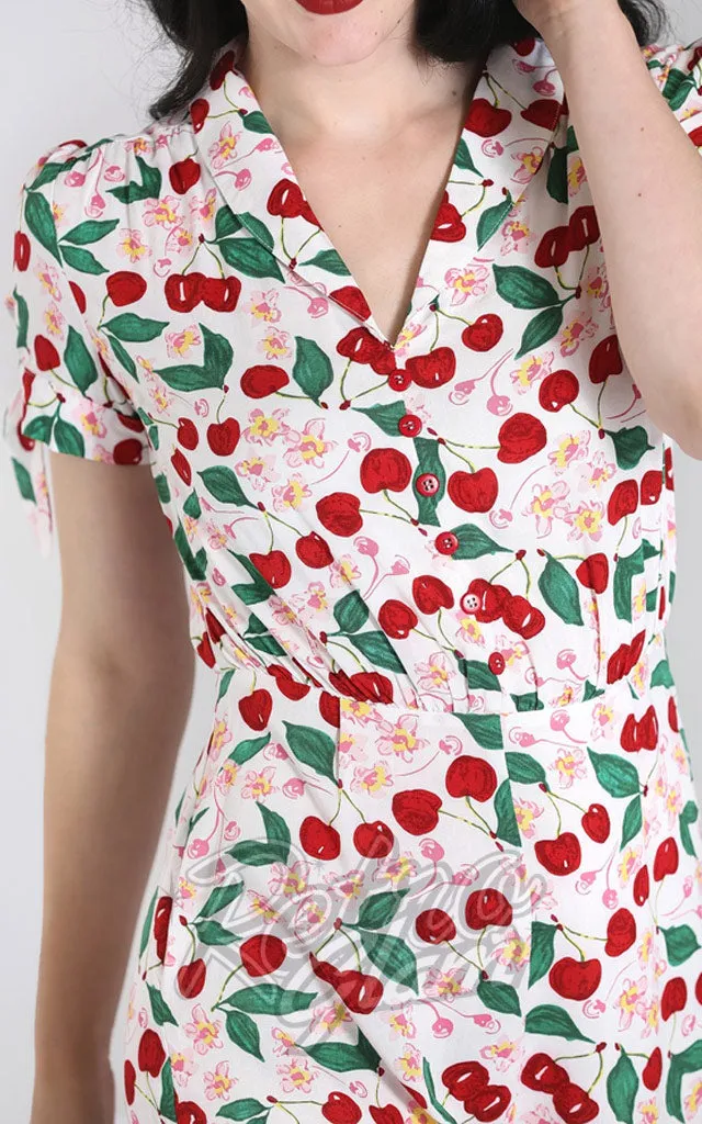 Hell Bunny Simona Playsuit in White Cherry Print