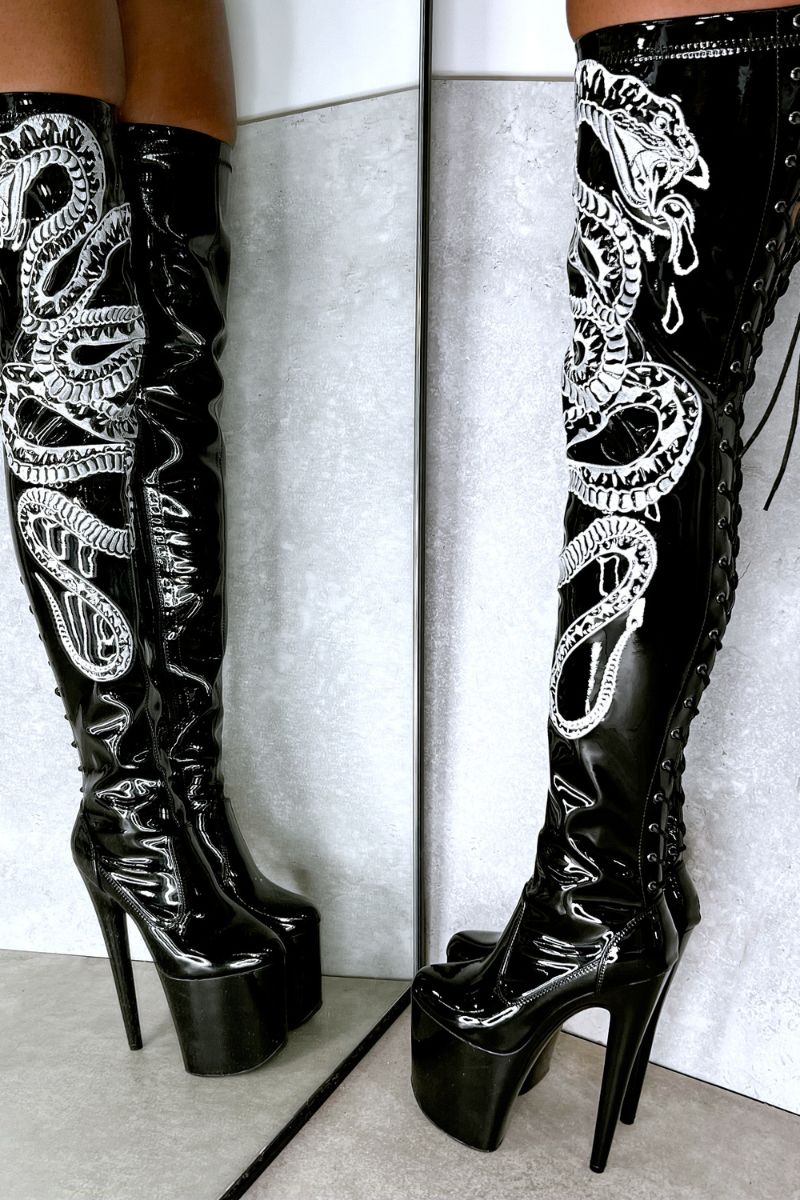 Hella Heels Viper Thigh High 8inch Boots - Black/White Snake