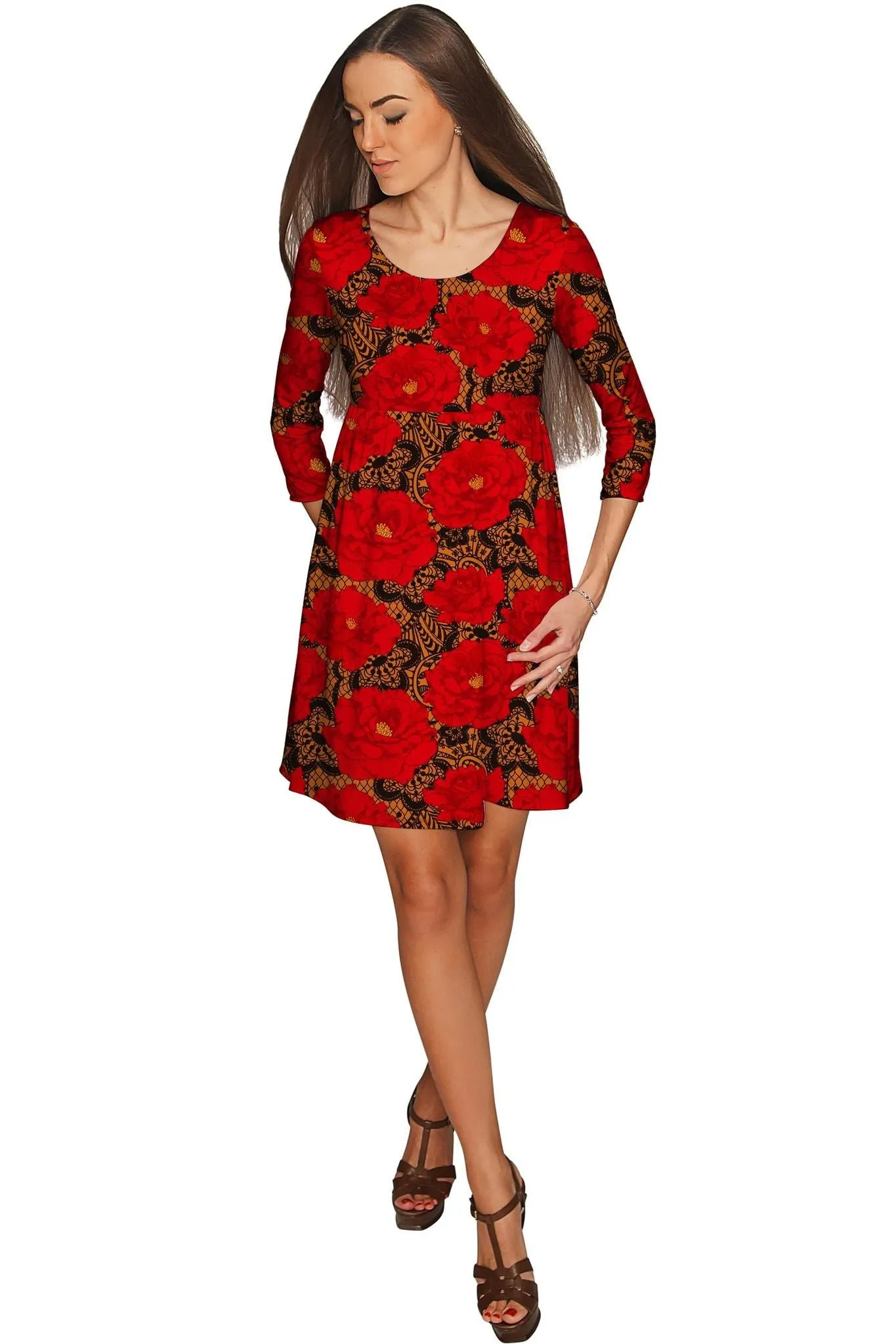 Hot Tango Gloria Empire Waist Red Floral Dress - Women