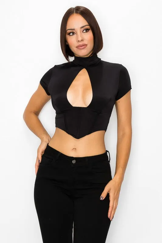 Keyhole Front Corset Style Mock Neck Top