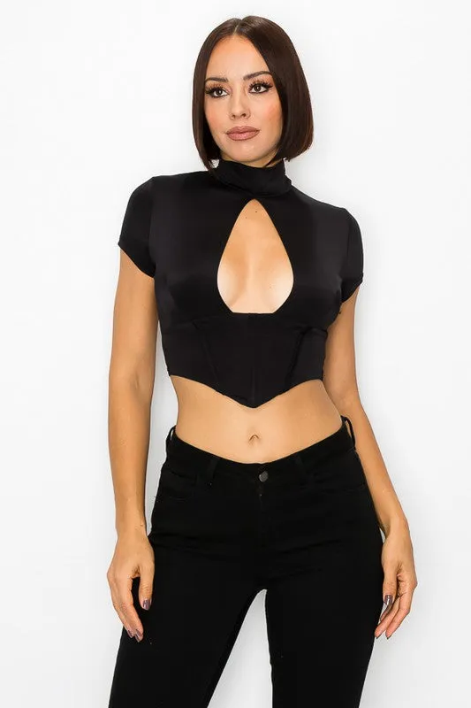 Keyhole Front Corset Style Mock Neck Top