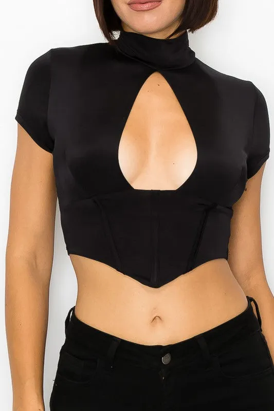 Keyhole Front Corset Style Mock Neck Top