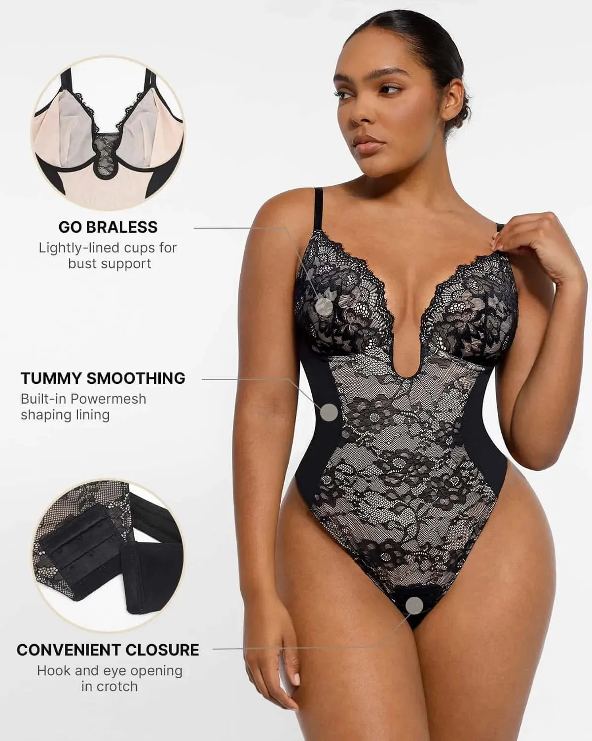 Lace Glamour Supportive Plunge Thong Bodysuit