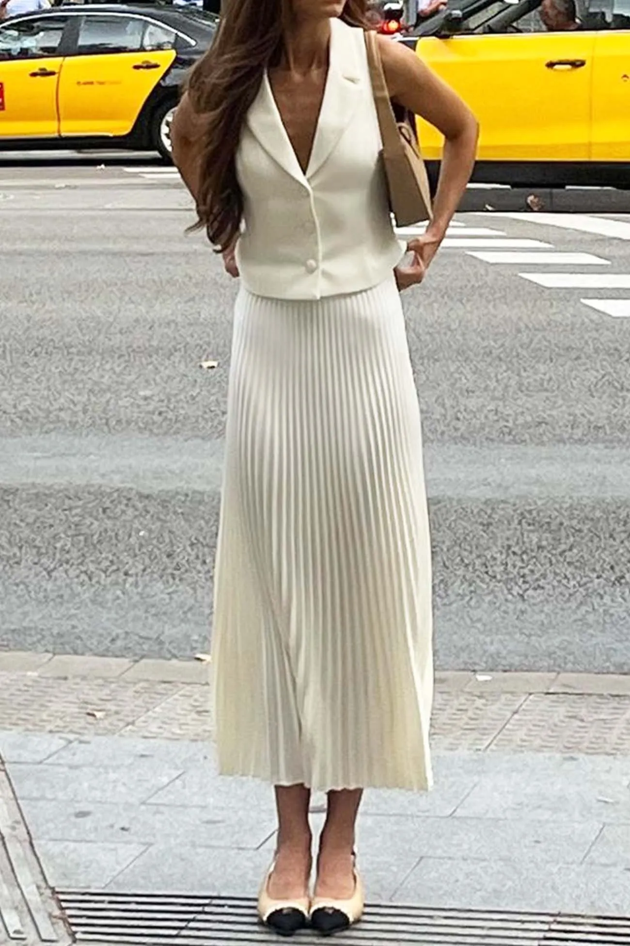 Lapel Vest Pleated Midi Skirt Set