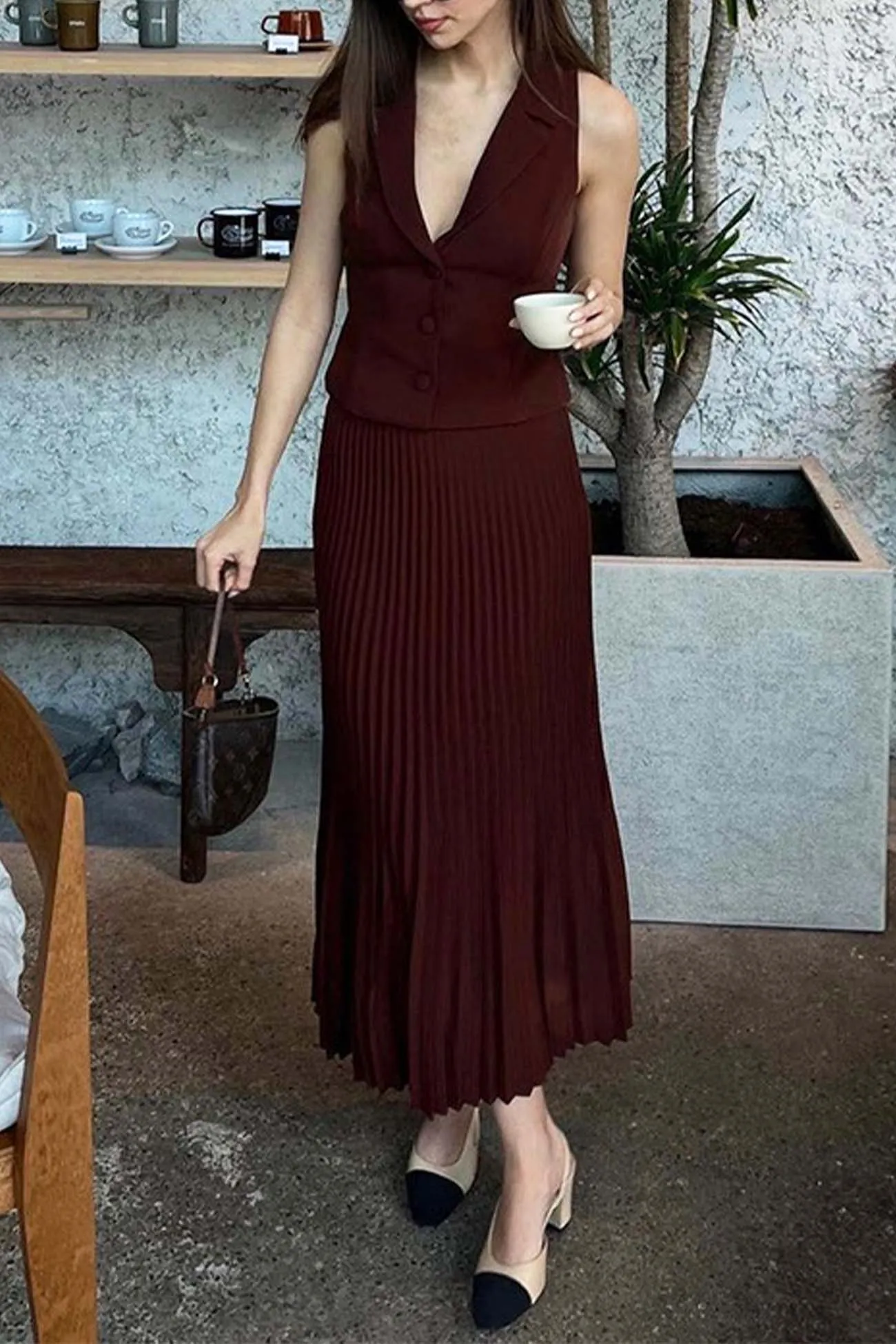 Lapel Vest Pleated Midi Skirt Set