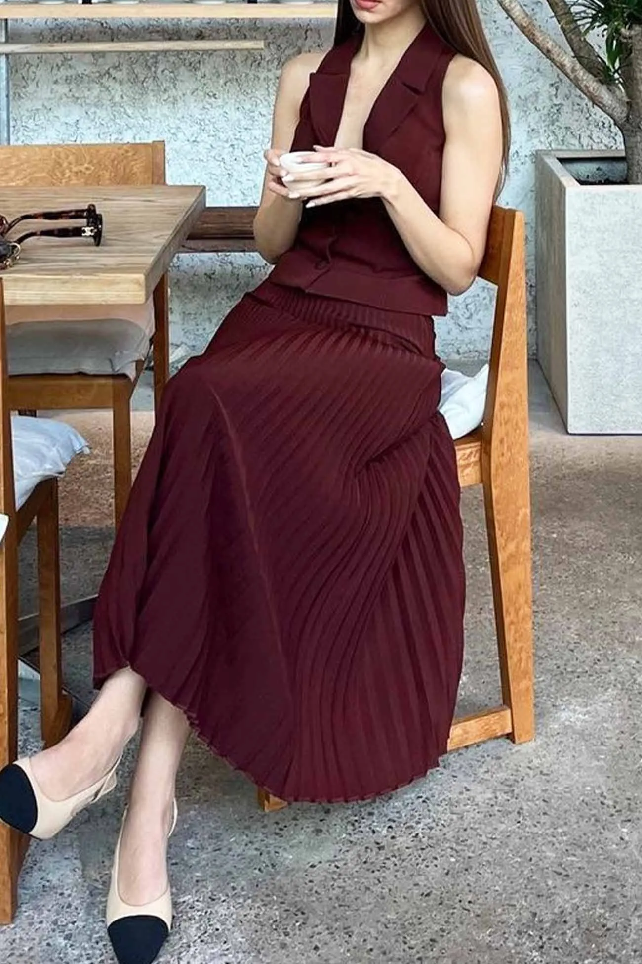 Lapel Vest Pleated Midi Skirt Set