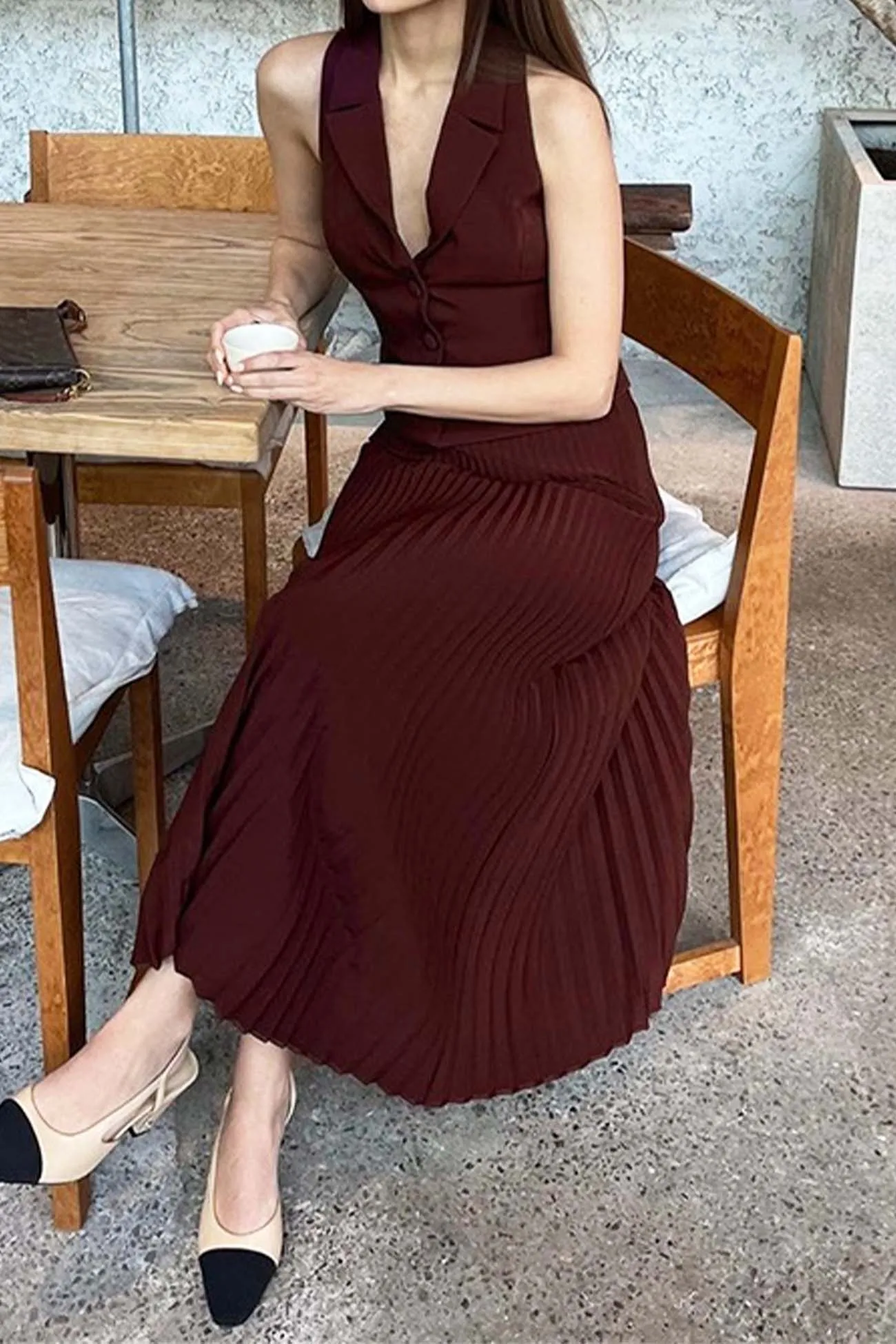 Lapel Vest Pleated Midi Skirt Set