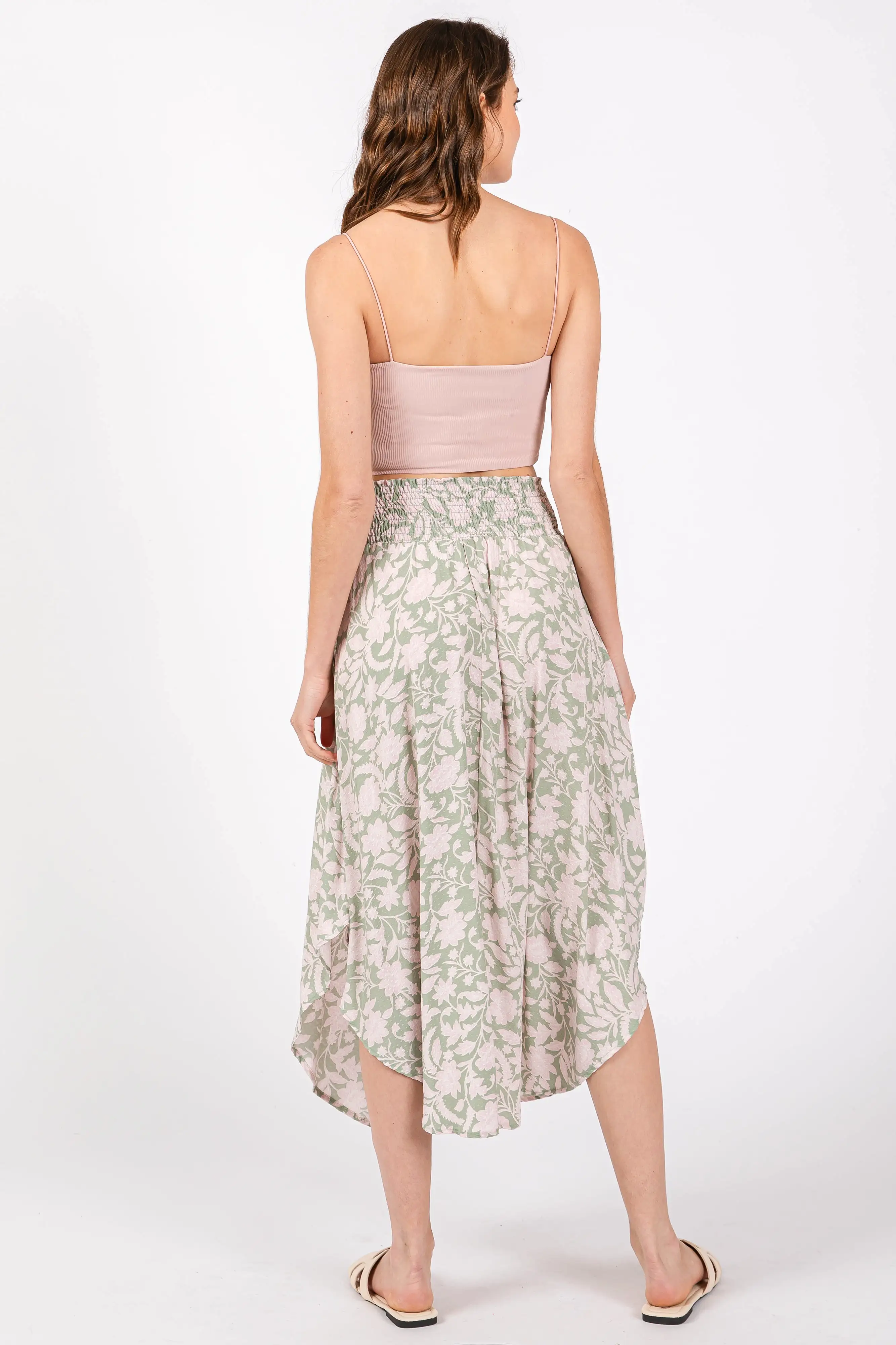 Light Olive Textured Dot Smocked Round Hem Midi Skirt