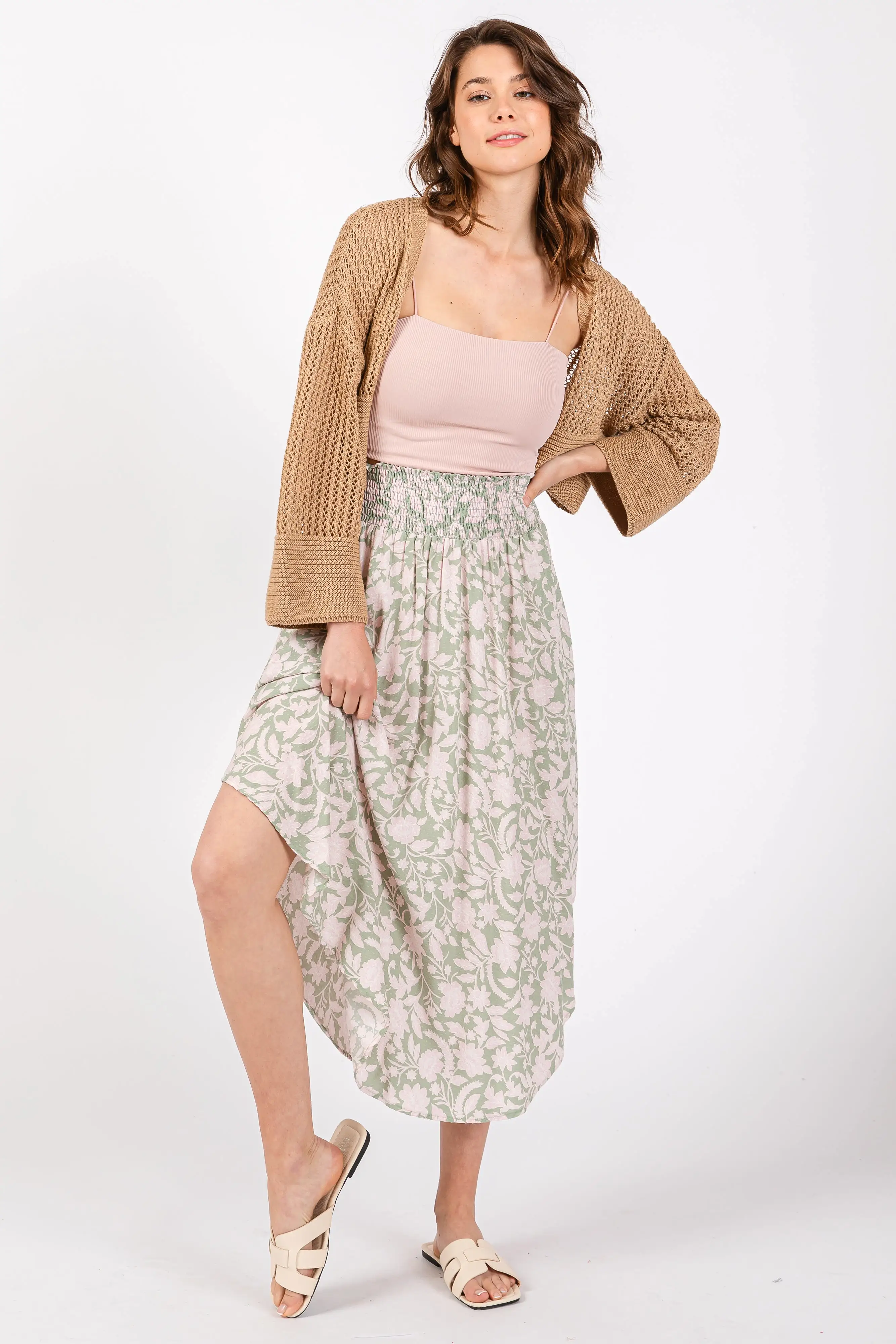 Light Olive Textured Dot Smocked Round Hem Midi Skirt