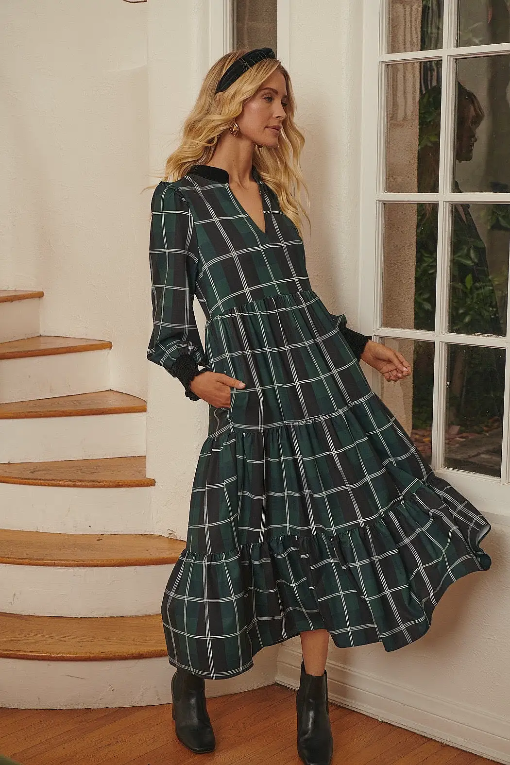 Long Sleeve Plaid Midi Dress- Emerald White