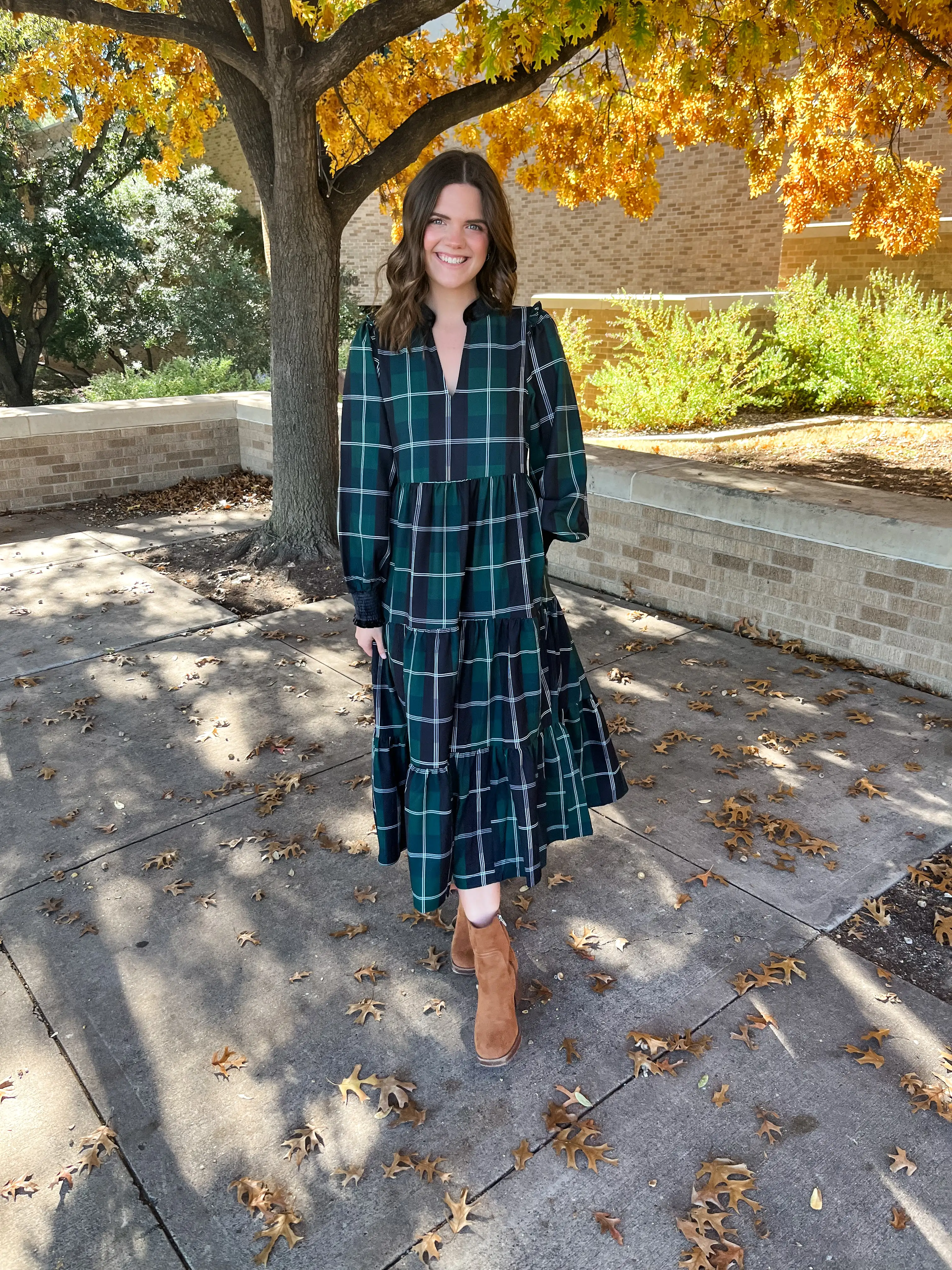 Long Sleeve Plaid Midi Dress- Emerald White