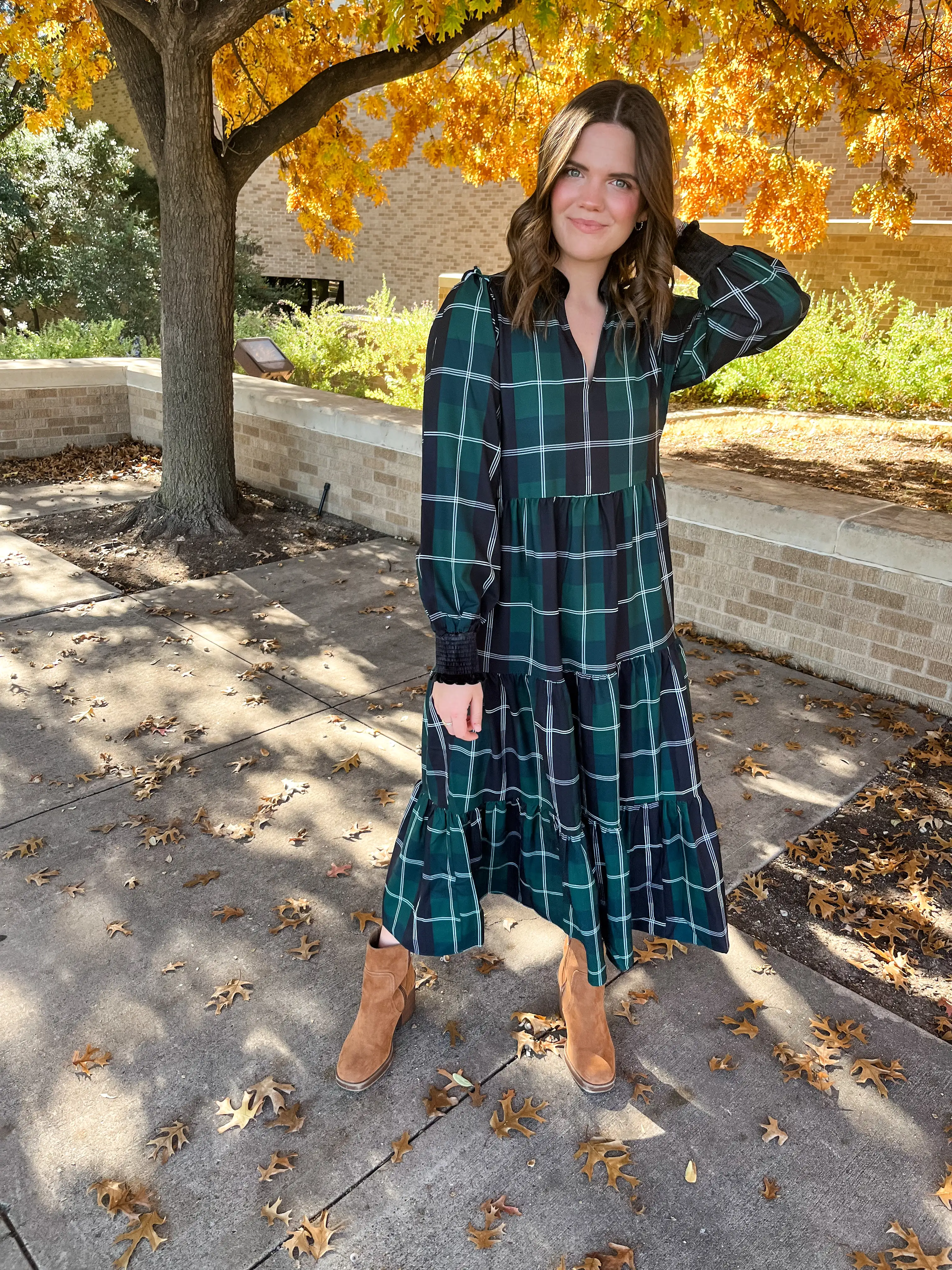 Long Sleeve Plaid Midi Dress- Emerald White