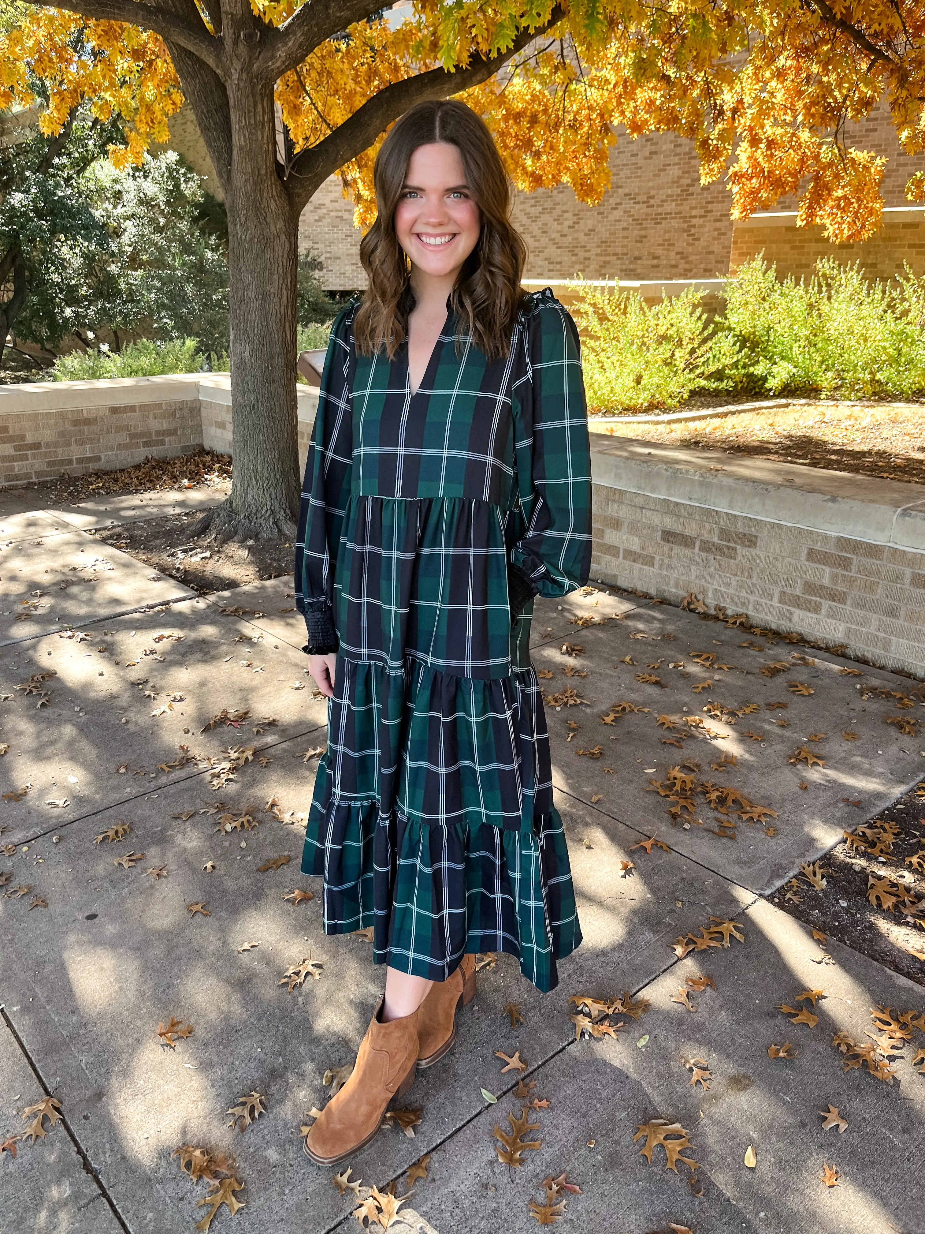 Long Sleeve Plaid Midi Dress- Emerald White