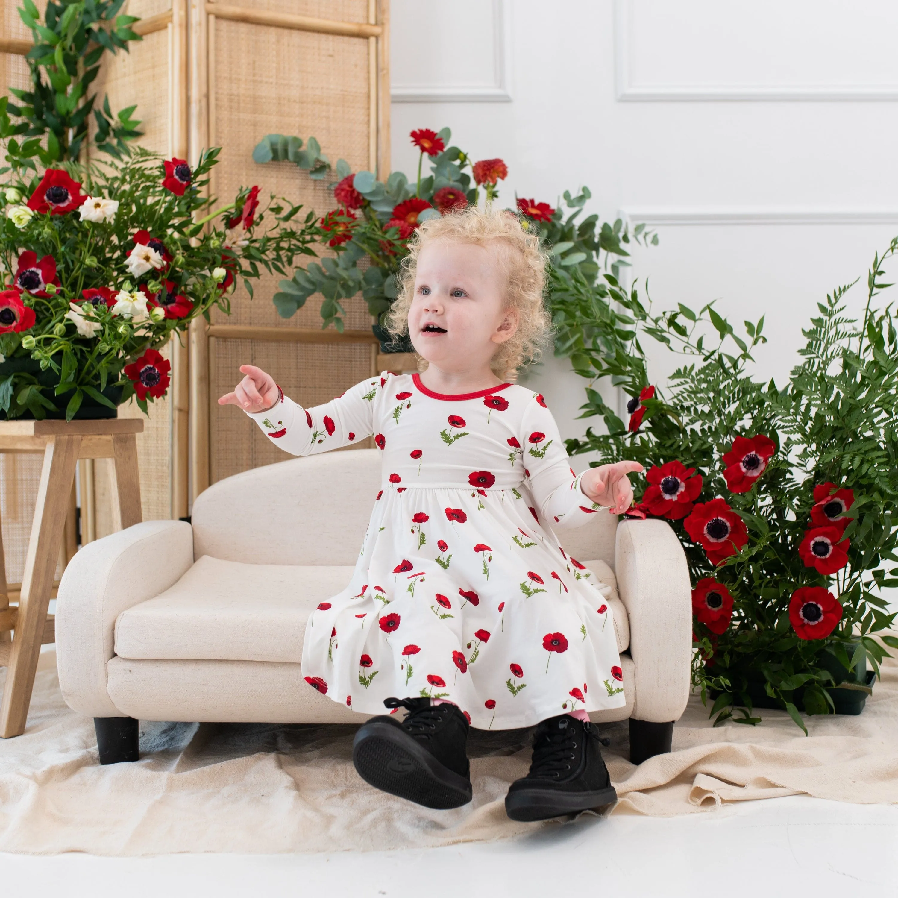 Long Sleeve Twirl Dress in Cloud Poppies