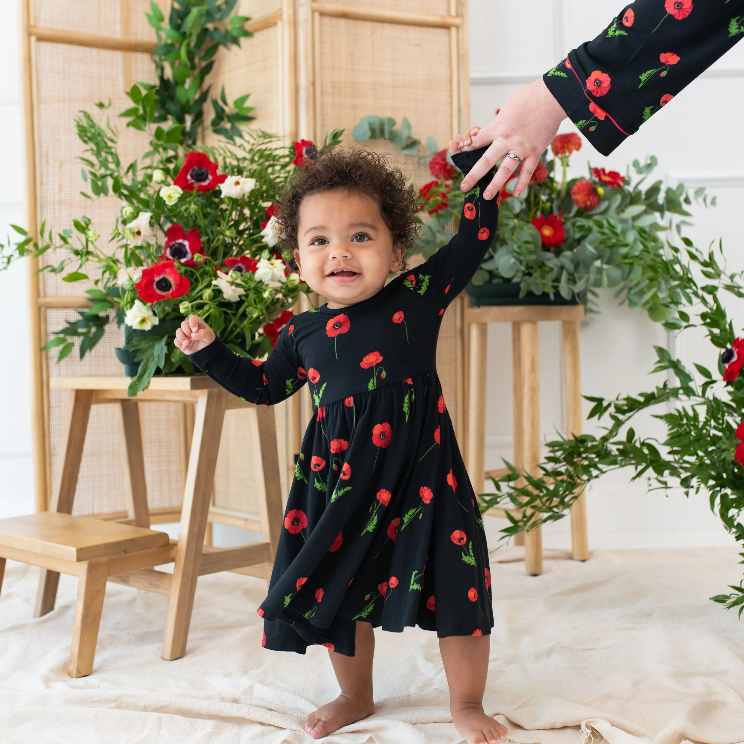 Long Sleeve Twirl Dress in Midnight Poppies