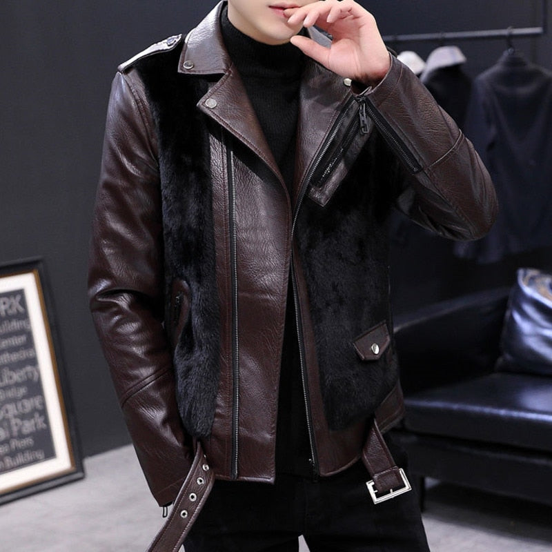 Men's Casual Leather Slim Long Sleeve Turn-Down Collar Jacket