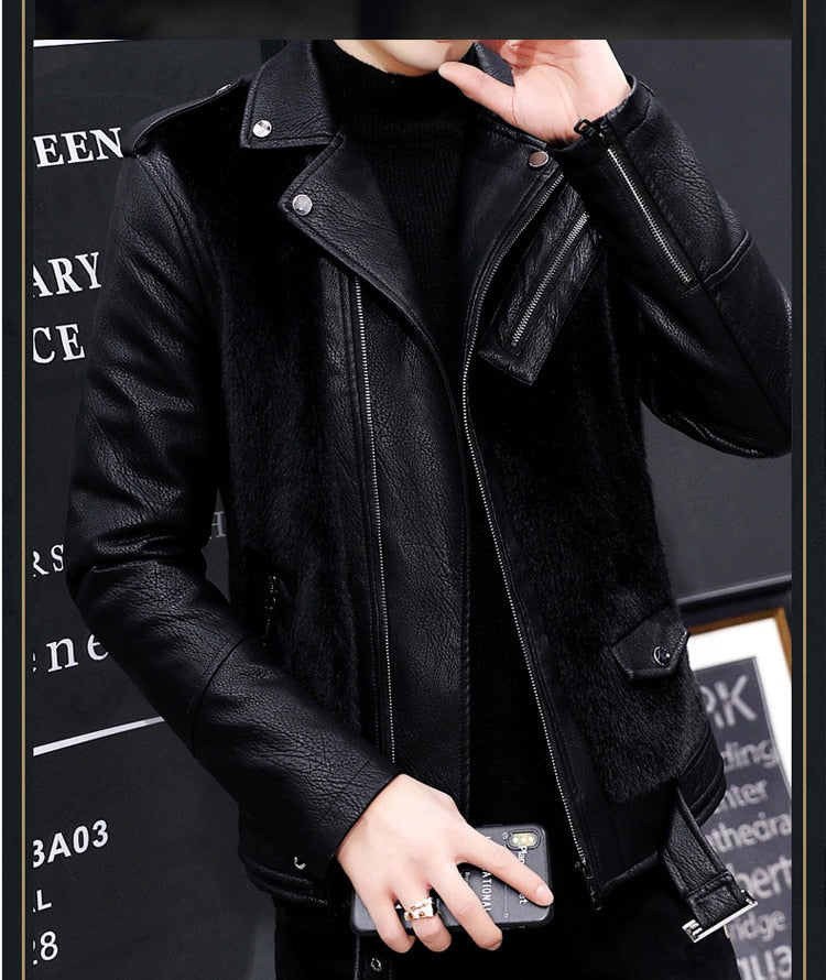 Men's Casual Leather Slim Long Sleeve Turn-Down Collar Jacket