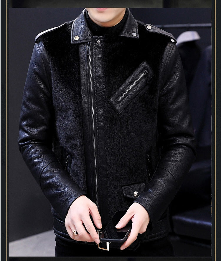 Men's Casual Leather Slim Long Sleeve Turn-Down Collar Jacket