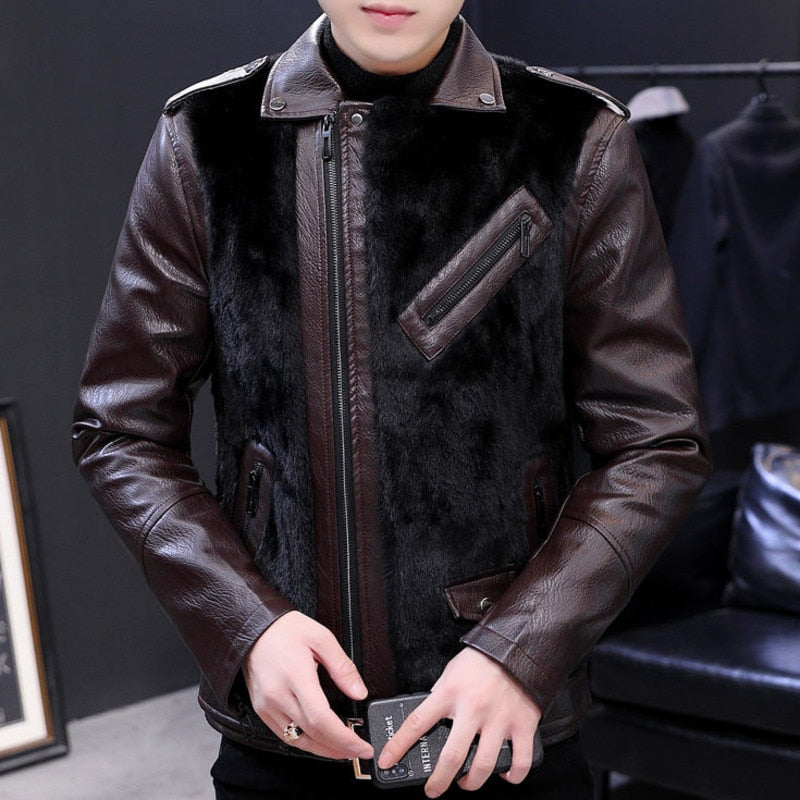 Men's Casual Leather Slim Long Sleeve Turn-Down Collar Jacket