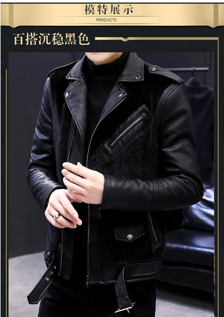 Men's Casual Leather Slim Long Sleeve Turn-Down Collar Jacket