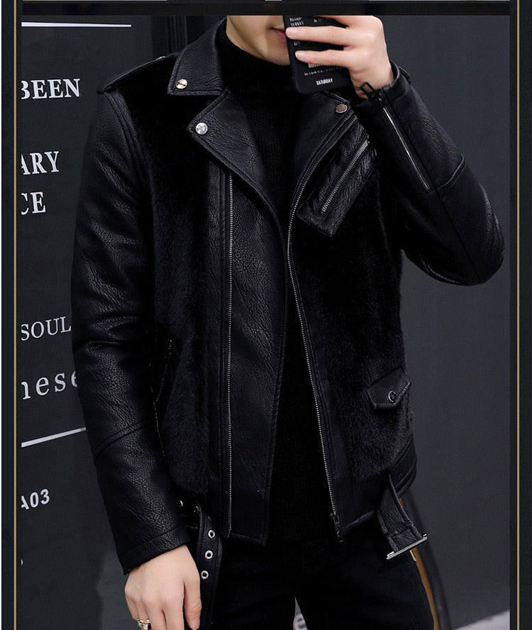 Men's Casual Leather Slim Long Sleeve Turn-Down Collar Jacket