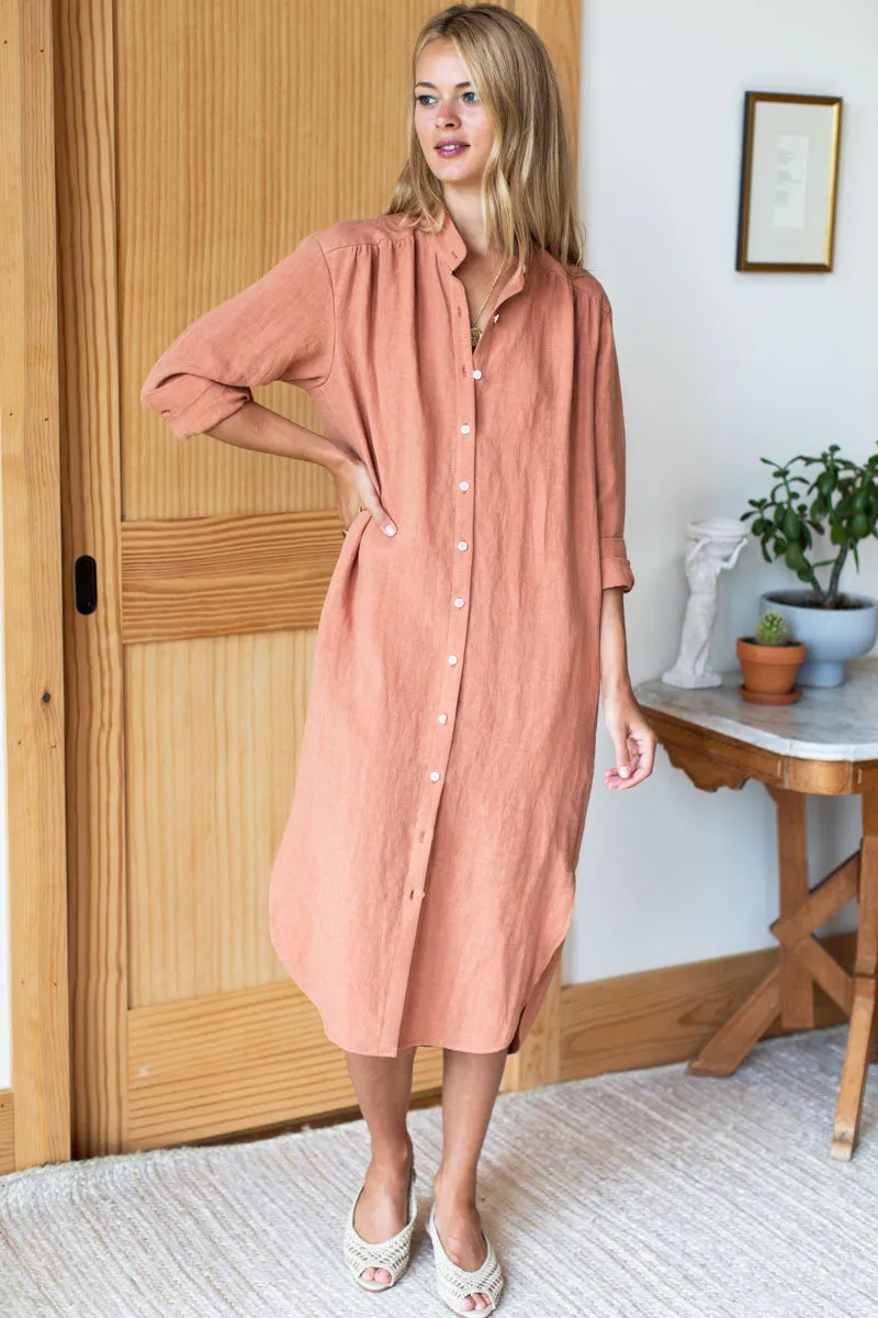 Midi Shirt Dress in Clay Linen