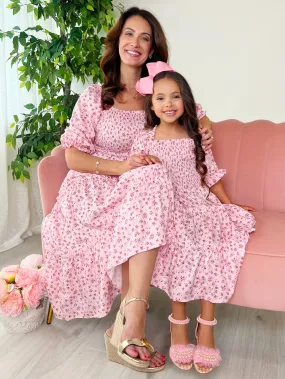 Mommy and Me Pink Puff Sleeve Floral Dress