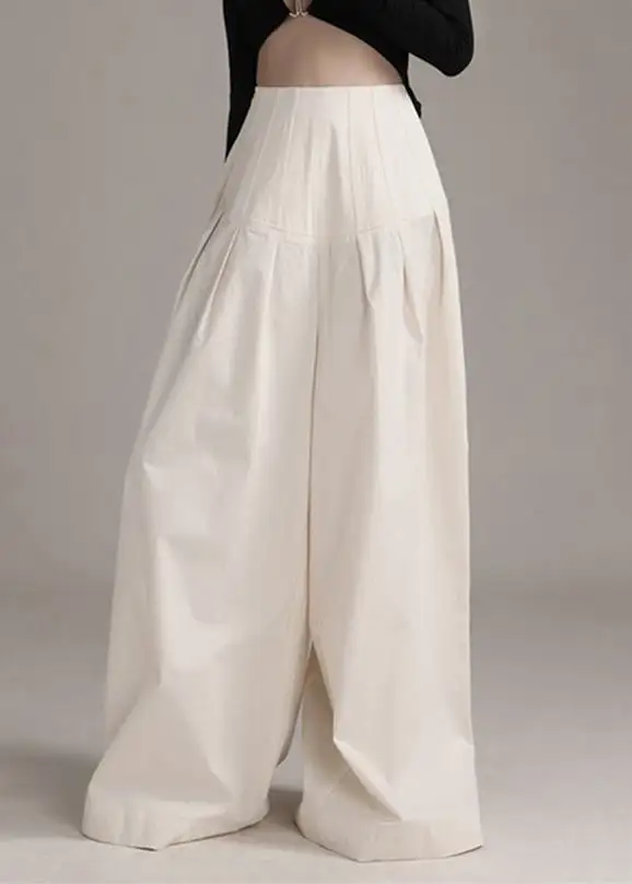 New Beige Zippered High Waist Cotton Wide Leg Pants Summer AS1090