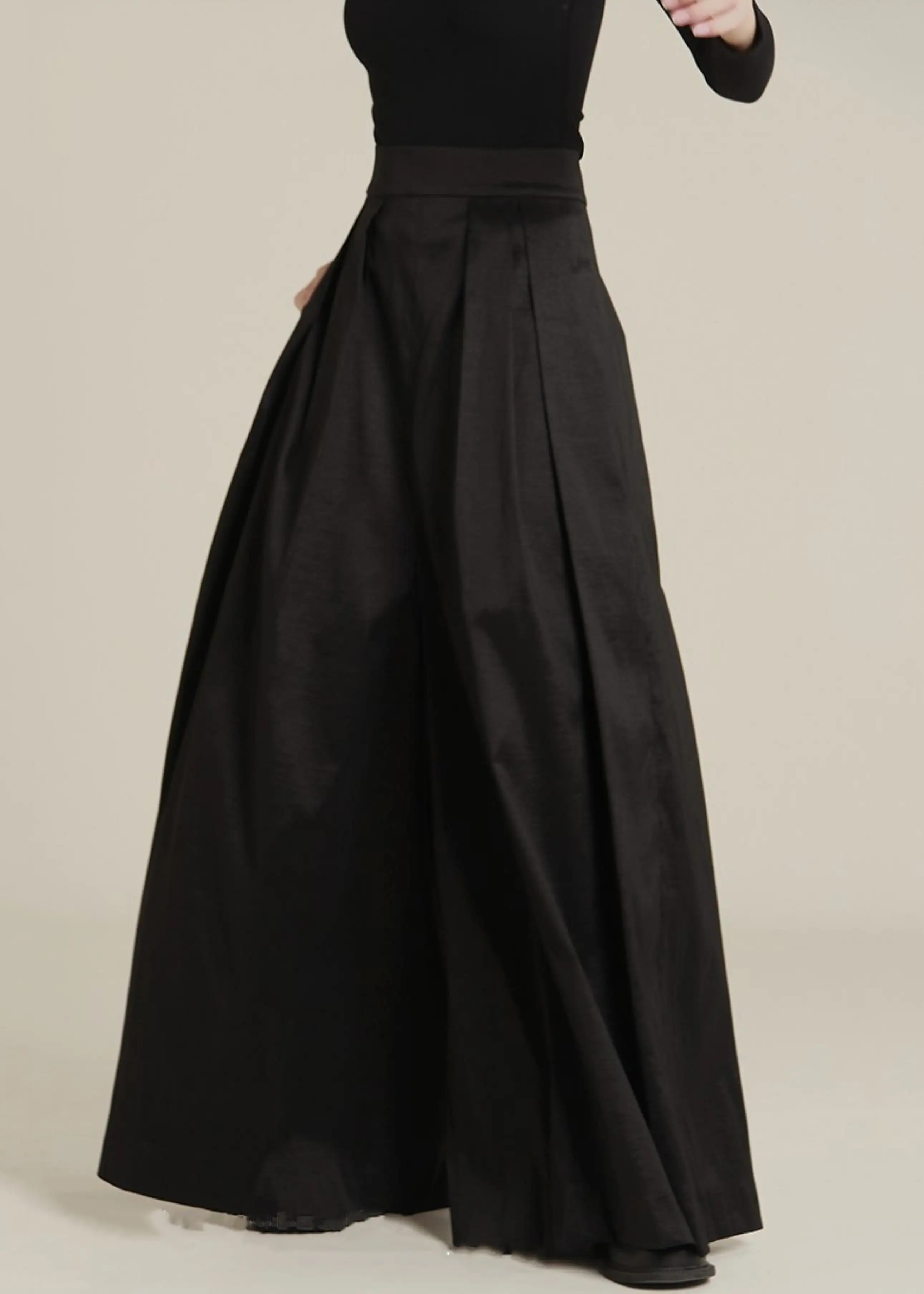 New Black Pockets High Waist Cotton Wide Leg Pants Spring AB1046