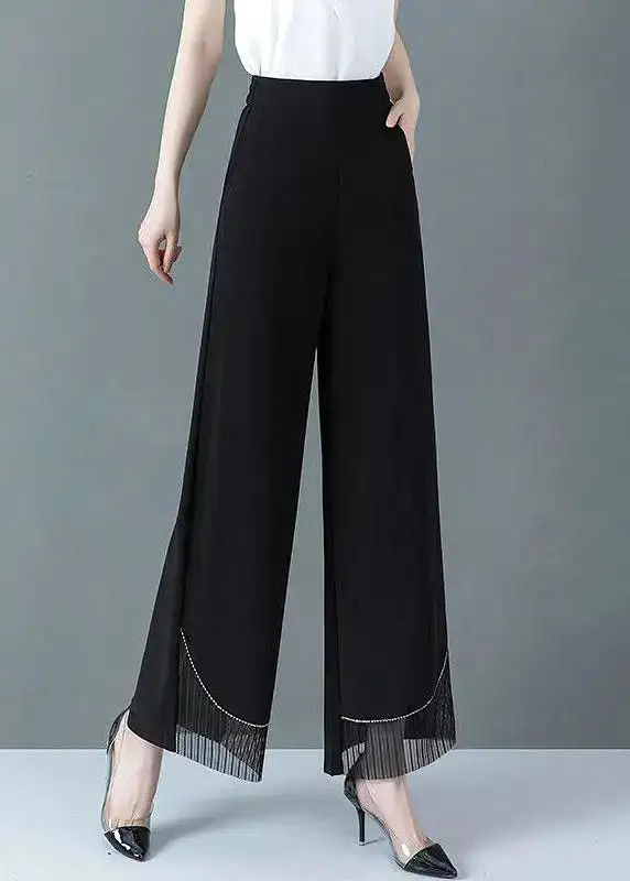 New Black Tulle Patchwork High Waist Straight Pants Spring HA1009