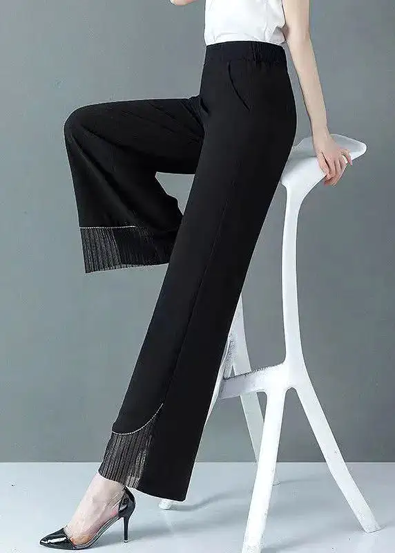 New Black Tulle Patchwork High Waist Straight Pants Spring HA1009