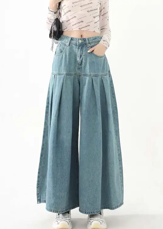 New Blue Pockets High Waist Denim Wide Leg Pants Spring AB1059