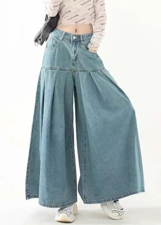 New Blue Pockets High Waist Denim Wide Leg Pants Spring AB1059