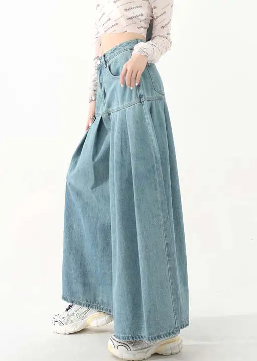 New Blue Pockets High Waist Denim Wide Leg Pants Spring AB1059