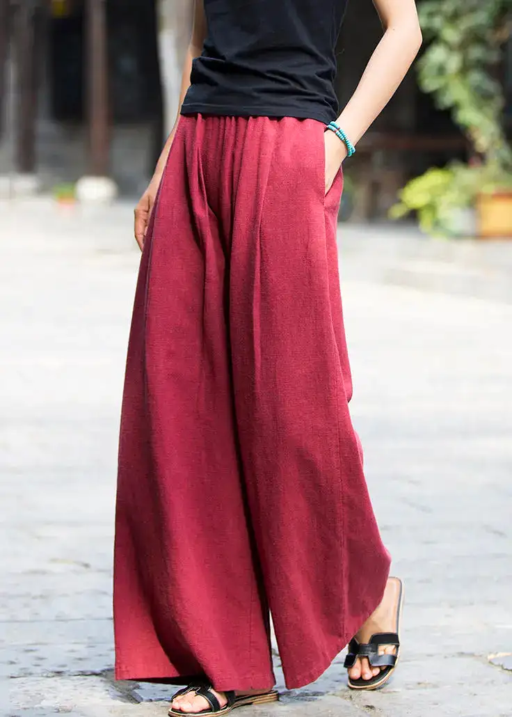 New Wine Red Pockets Elastic Waist Linen Pants Summer CG1055