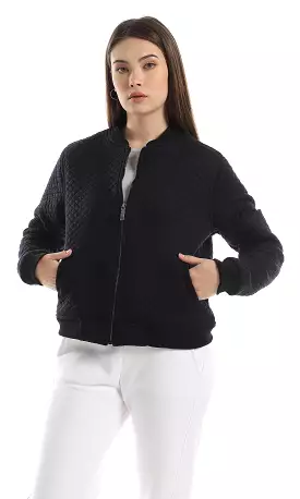 O163104 Quilted Zipper Band Neck  Jacket - Black