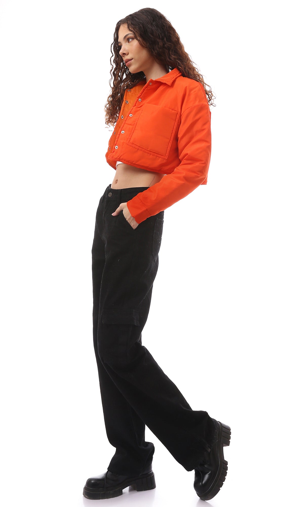 O171932 Orange Cropped Fit Buttoned Jacket