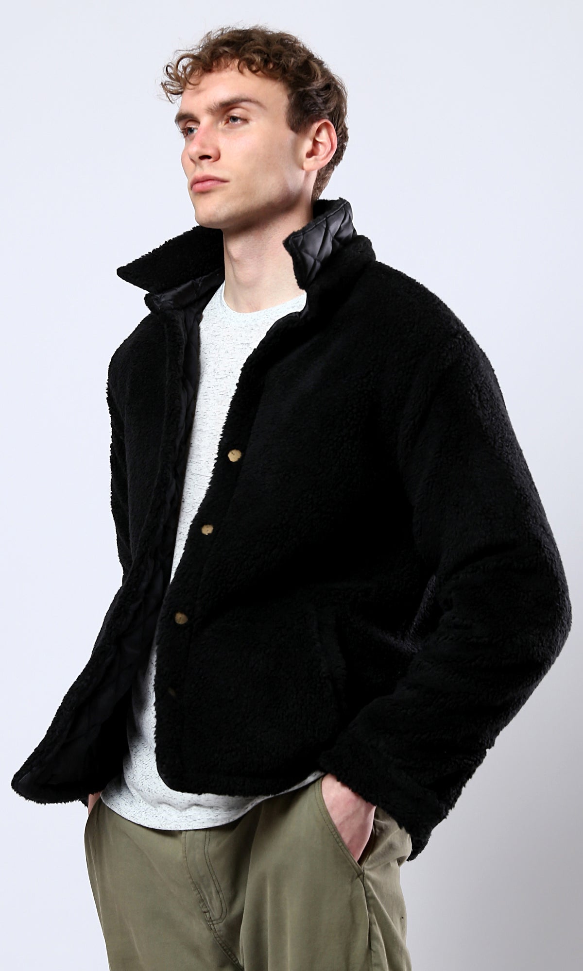 O173632 Black Wool Coziness Buttoned Winter Jacket