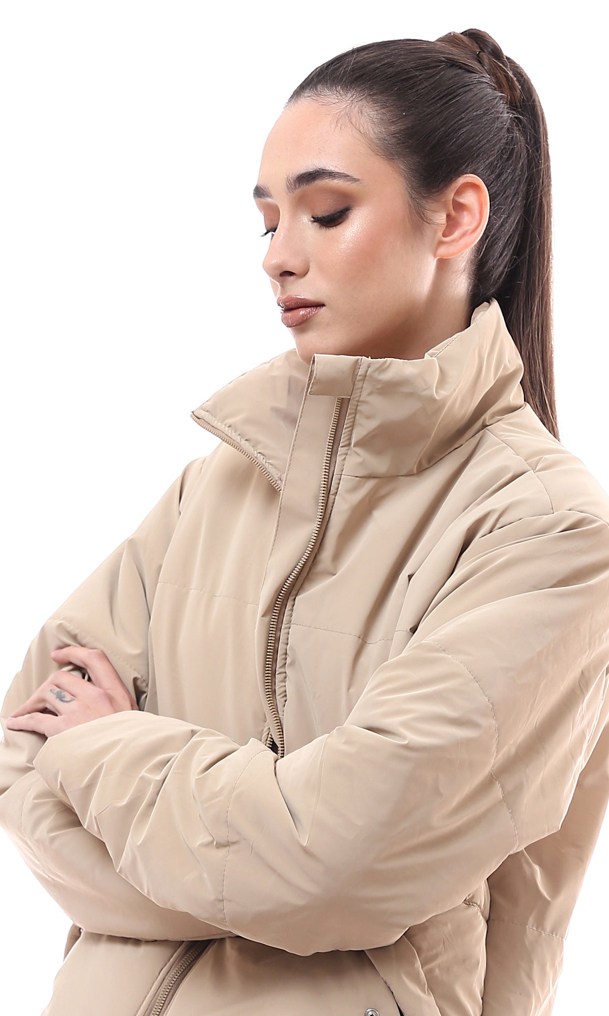 O173799 Zipped Pockets Solid Sand Beige Winter Jacket