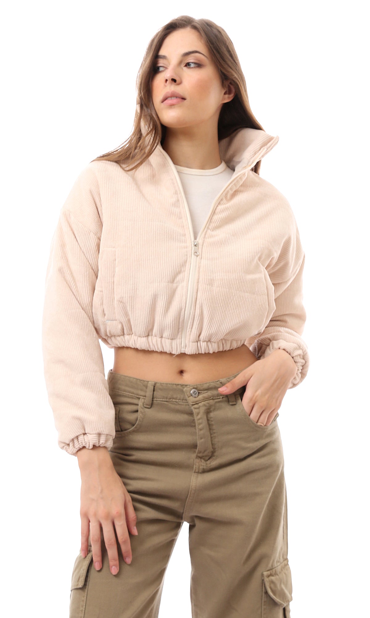 O174444 Beige Full Zipper Corduroy Cropped Jacket