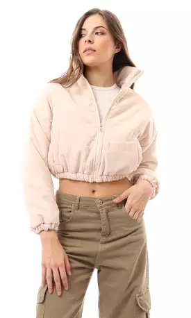 O174444 Beige Full Zipper Corduroy Cropped Jacket