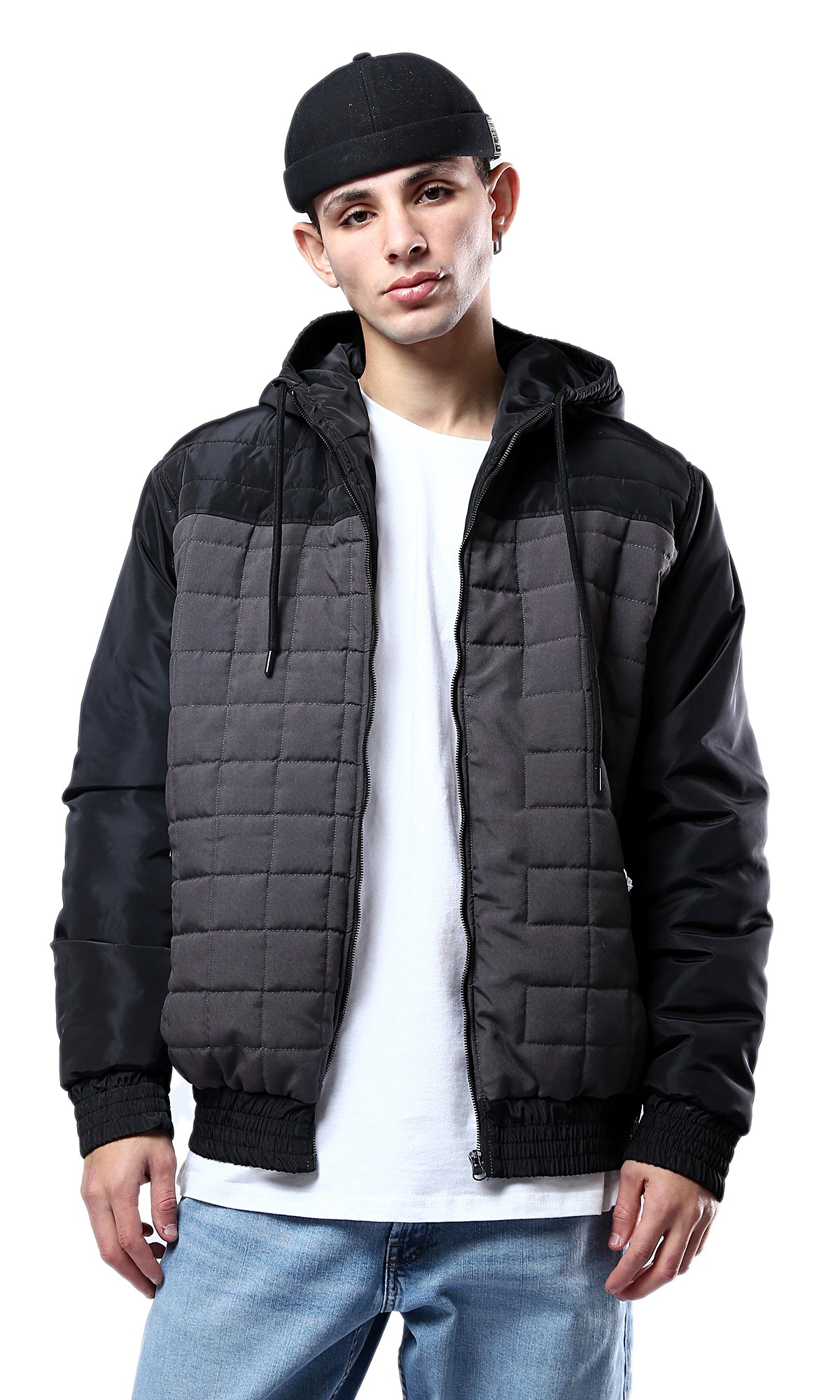 O175348 Bi-Tone Grey & Black Quilted Zipped Jacket