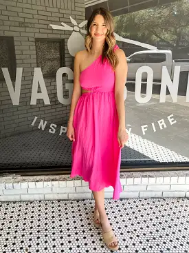 One Shoulder Cutout Midi Dress - Hot Pink